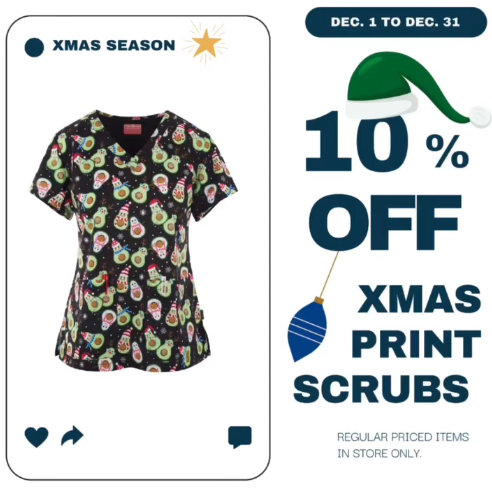 Xmas Print Scrubs are 10% Off all Season