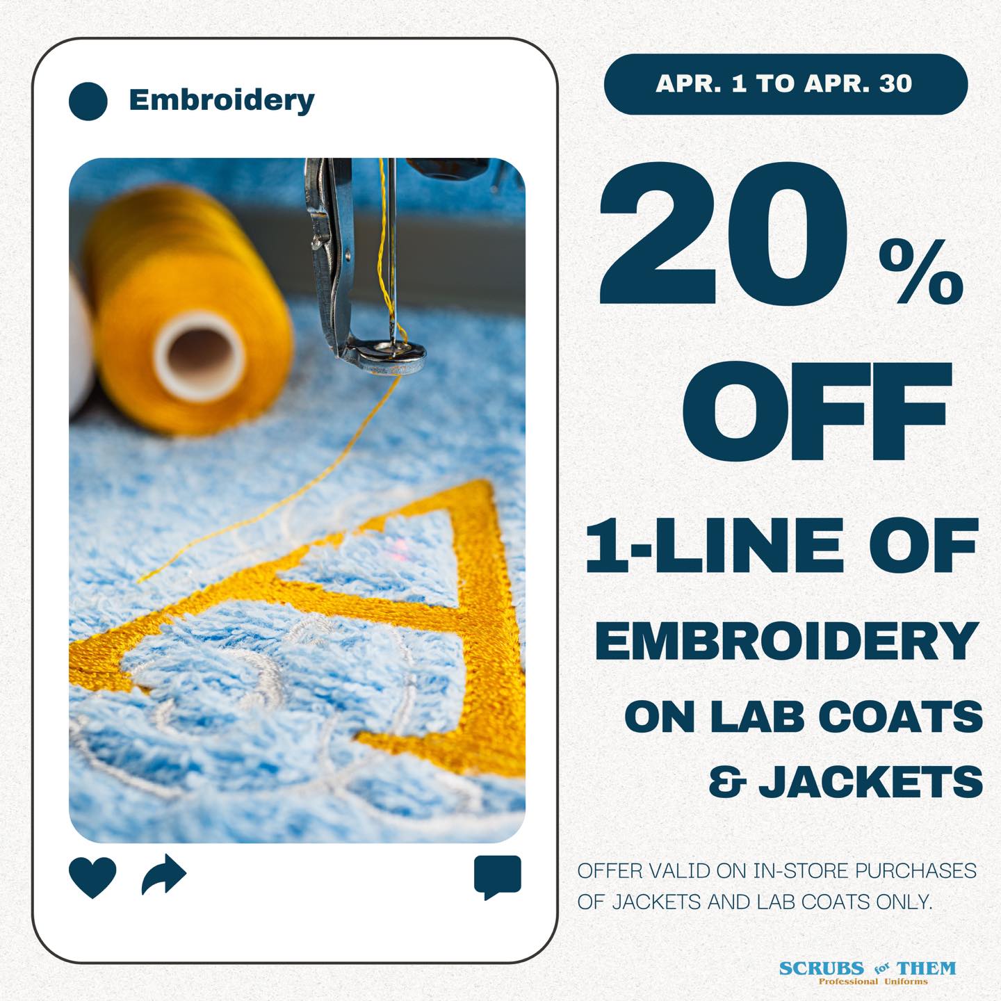 20% Off 1-Line of Embroidery on Lab Coats & Jackets